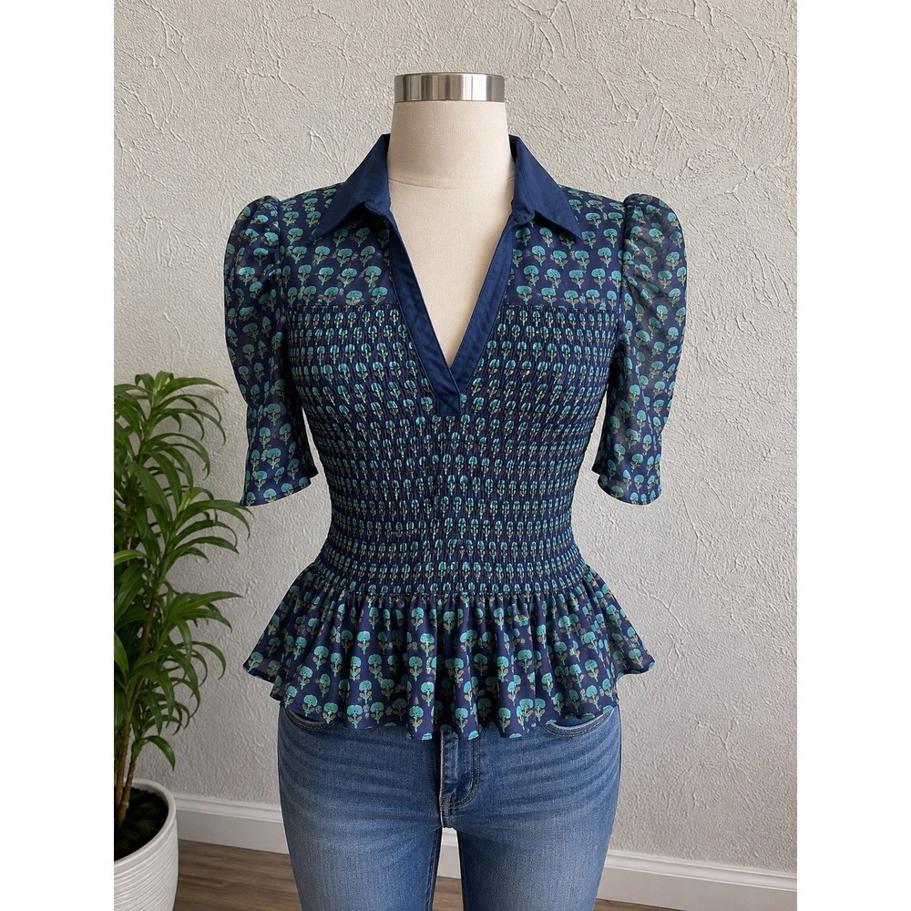 Maeve Anthropologie Smocked Polo Top Floral Blue Peplum Size M Sold Out